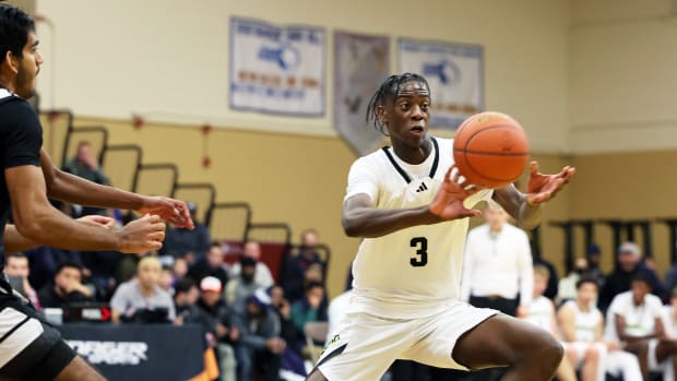 Prolific Prep's AJ Dybantsa passes the basketball during a game versus Orangeville Prep on Wednesday, Jan. 10, 2024.